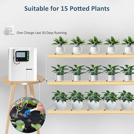 SoulBay Automatic Plant Waterer Indoor Self Watering System for 15 Potted Plants USB Rechargeable Drip Irrigation Kit with Programmable Water Timer LCD Display for Vacation Garden