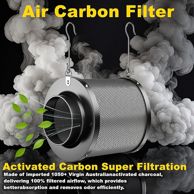 MELONFARM Air Filtration Kit 6 260 CFM Inline Duct Fan with Speed Controller 8 High Carbon Filter 8 Ft Ducting &amp Rubber Coupler Air Cooling and Filtration Kit for Grow Tent Hydroponics