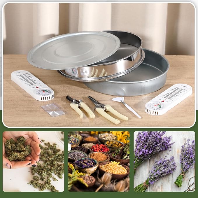 9 Pcs Trim Tray Kit Stainless Steel Trimming Tray with 150 Micrometer Fine Mesh Screen Bottom Harvest Trim Bin Trimming Scissors Mini Hygrometers Magnifying Plastic Scraper and Brush