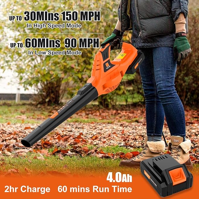 21V Leaf Blower Cordless | Handheld Electric Lightweight Blower with 4.0Ah Rechargeable Battery &amp Fast Charger | Adjustable Speeds Portable Design for Lawn Patio Yard Sidewalk Cleaning