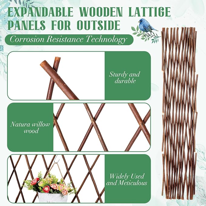 4 Pack Expandable Willow Trellis Lattice Fence Willow Fence Panel for Climbing Plants Garden Lattice Trellis Plant Support Open Screen Fencing Outdoor Decorative Wood