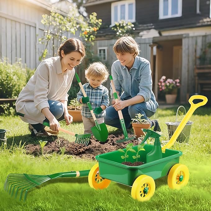 Duckura Kids Gardening Tools Set - 7pcs Wheelbarrow Set Outdoor Toy for Kids with Shovel Rake Leaf Rake Yard Digging Weed Toys Easter Birthday Gifts for Boys Girls Age 2 3+Years Old(Yellow)