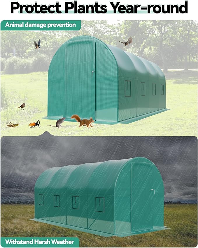 Walk-in Tunnel Greenhouse 6.5 x 15 x 6.5 FT Large Outdoor Greenhouse with Door &amp Vent Windows Heavy-Duty Frame and Green PE Cover for Backyard Gardening