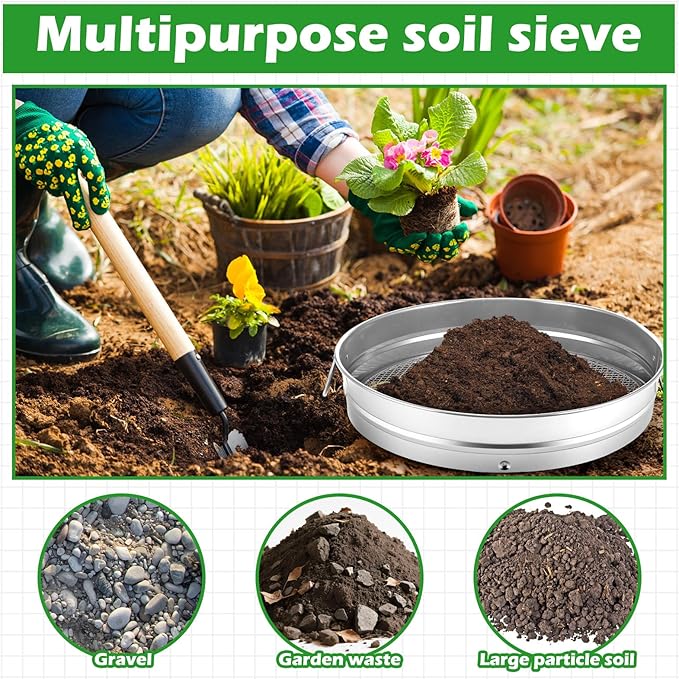 14.57'' Large Soil Sifter for Gardening with 1 3 6 9 12 mm Sieve Mesh Compost Dirt Sifter with Handle Garden Sand Soil Rock Sieve for Dirt Sand Rocks Pellet Gravel (Sliver)