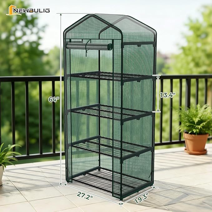 NEWBULIG 4-Tier Mini Greenhouse for Outdoors Small Green House with Sturdy Frame and Durable Green PE Cover Portable Greenhouse for Outside and Indoor Use 27.17 x 19.29 x 63.4 Inches