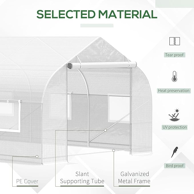 Outsunny 20' x 10' x 7' Tunnel Greenhouse Large Walk-in Warm House Deluxe High GardenHot House with 8 Roll Up Windows &amp Roll Up Door Steel Frame White
