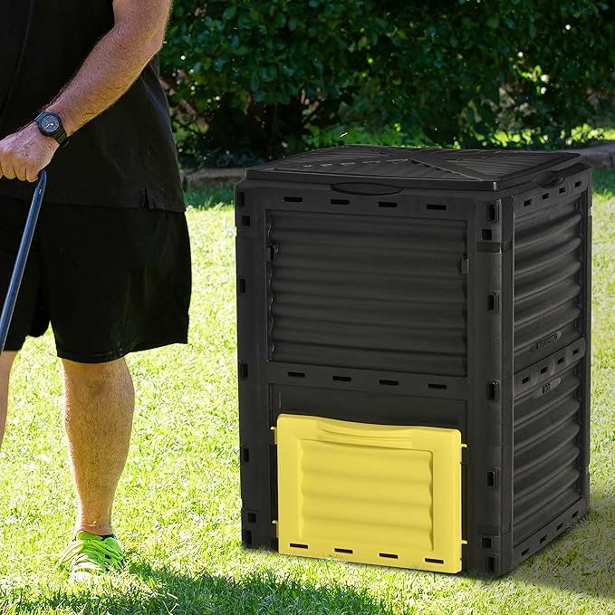 Compost Bin Outdoor 80 Gallon Garden Composter with 48 Vents and Sliding Doors Lightweight Outdoor Compost Box for Garden Kitchen and Yard Waste Black+Yellow