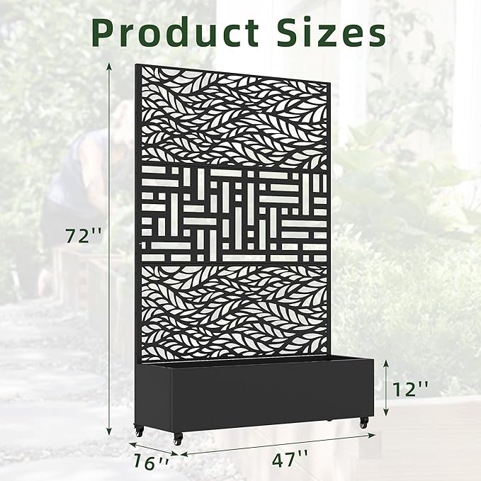 Casaphoria Metal Raised Garden Bed with Trellis and Wheels 72x47x16 Planter Box for Climbing Plants Vegetables &amp Vines Features Drainage Holes and Privacy Screen Black(Spring&ampHelen)