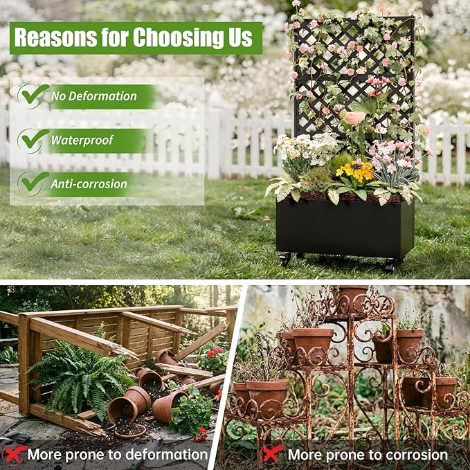 72 Planter Box with Trellis &amp Wheels Planter Boxes Outdoor with Drainage Hole for Climbing Plants Raised Planter with Privacy Screen Black