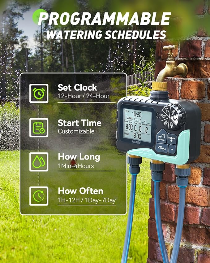RAINPOINT 3 Zone Water Timer with Brass Inlet &amp Outlet 3 Custom Watering Plans Sprinkler Timer Featuring IP65 WaterproofRain Delay Manual &amp Automatic Watering with Large LCD for Yard 2026