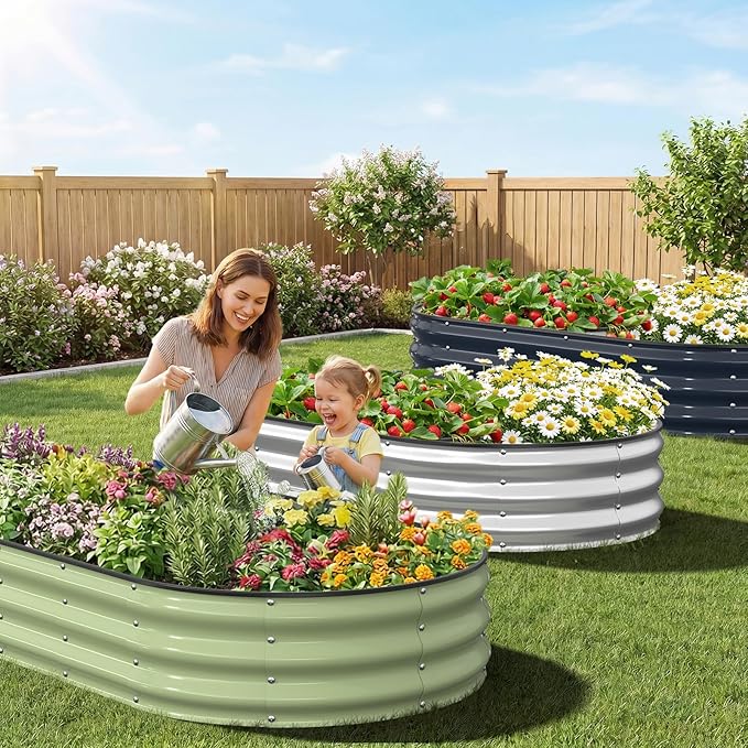 Kesfitt Raised Garden Bed 6x3x1 FT Galvanized Steel Metal Raised Garden Bed Oval Open-Bottom Design 12-Inch Deep for Outdoor Vegetable &amp Herb Gardening Silver