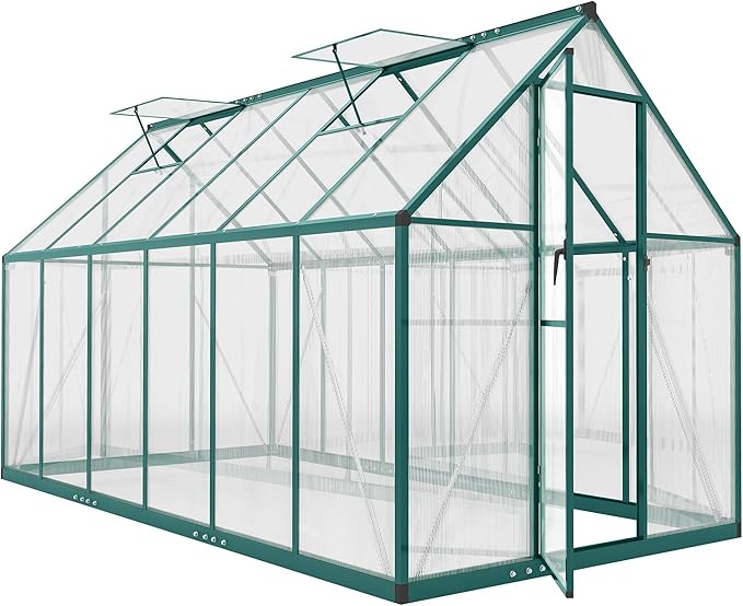 Outsunny 11x6 ft Polycarbonate Greenhouse with Swing Door and Two Adjustable Roof Vents Aluminum Walk-in Greenhouse Outdoor Greenhouse for Patio Garden Backyard Dark Green