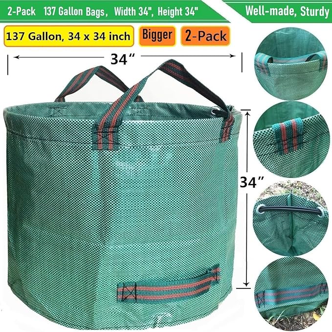 Professional 2-Pack 137 Gallon Lawn Garden Bags Large (D34H34 inch) Yard Waste Bags with Gardening Gloves Big Leaf BagYard DebrisWaste ContainerLawn Trash BinGrass ClippingsWeeds Bags 4 Handles