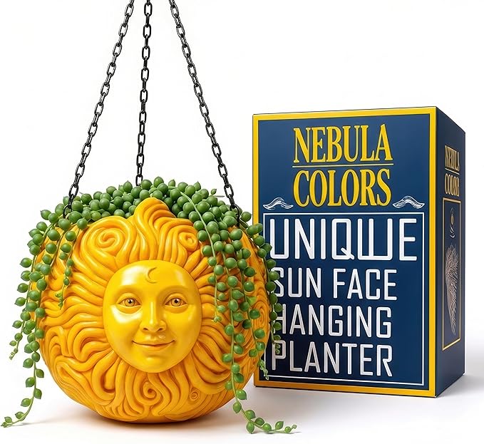 Fun &amp Unique Sun Face Hanging Planter Quirky Celestial Decor for Plant Lovers – Indoor Outdoor Flower Basket for Succulents &amp Small Plants – Decorative Garden Yard Art