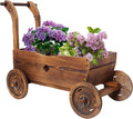 Wooden Wagon Planter Box Mobile Garden Planter with 4 Wheels Handle Drain Hole Decorative Flower Planter for Indoor Outdoor Decor Wooden Flower Cart for Patio Garden Balcony Brown