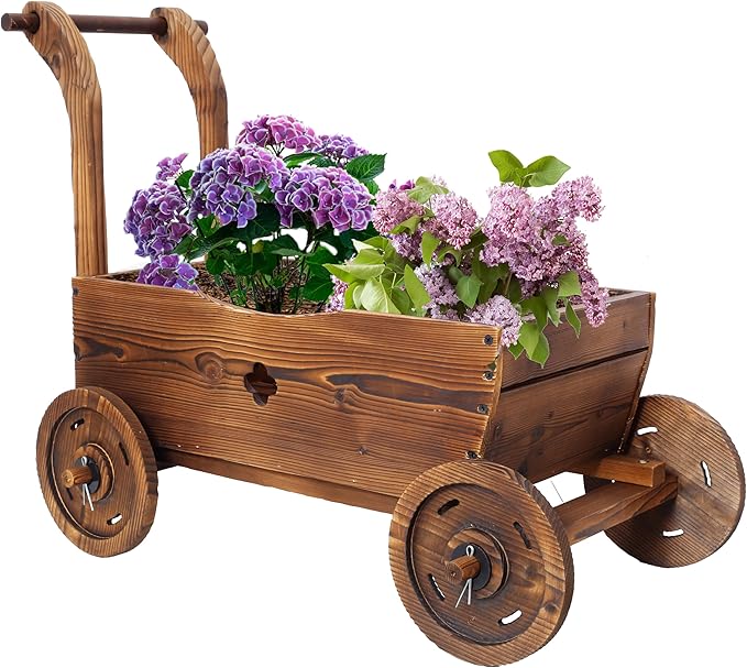 Wooden Wagon Planter Box Mobile Garden Planter with 4 Wheels Handle Drain Hole Decorative Flower Planter for Indoor Outdoor Decor Wooden Flower Cart for Patio Garden Balcony Brown