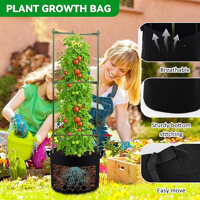 GENMOUS Tomato Cages with Grow Bags - 48 Inch Tomato Trellis for Raised Garden Bed 3-Pack Tomato Plant Support with 10 Gallon Plant Grow Bags Reusable and Height Adjustable