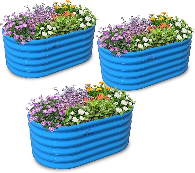A ANLEOLIFE Kids Mini Raised Garden Beds Outdoor (3-Pack)-40x24x18in Oval Round Galvanized Metal Planter Box for Planting Vegetables Flowers Fruits Eco-Safe &amp Easy Setup Sky Blue
