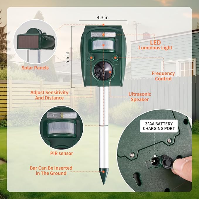 Upgraded Solar Ultrasonic Squirrel Deer Repellent Devices Motion Detection 5 Adjustable Modes Cat Raccoon Rabbit Dog Deterrent Animal Repellent with Waterproof for Yard 2P Dark Green