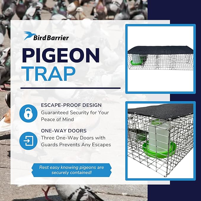 Bird Barrier Humane &amp Durable Pigeon Trap | Secures Up to 12 Pigeons | 3 One-Way Doors with Guards | Easy Transport &amp Setup | 35x16x8 with Center Access | Lightweight 10 lbs Bird Management