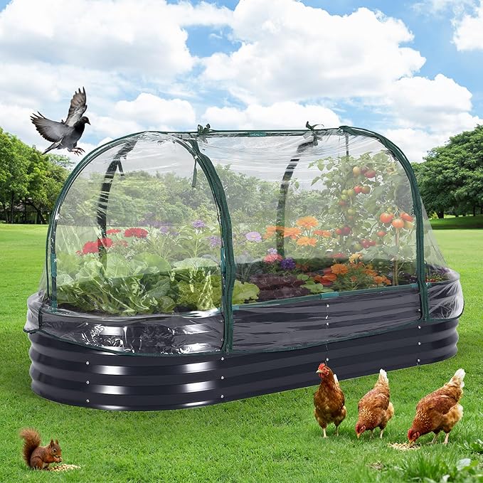 CABIHOME Galvanized Raised Garden Bed Kit with Corrosion-Resistant Steel – Oval Planter Box for Vegetables Flowers &amp Herbs – Durable Reinforced Easy to Assembly – Includes Zippered PVC Cover G