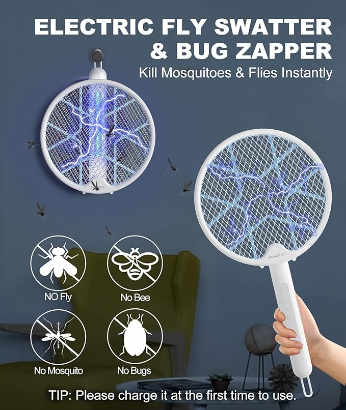Electric Fly Swatter Foldable Bug Zapper Racket 3500Volt Mosquito Killer Electronic Fly Zapper w/Purple Light Attractant for Home Indoor Outdoor Large Size White