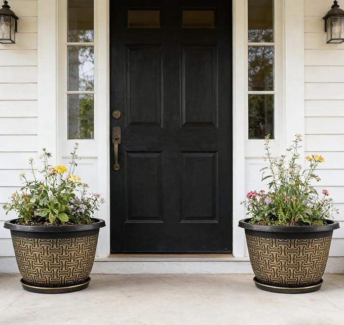 4 Pack 16 Inch PlanterLarge Plastic Flower Pots Outdoor Indoor with Drainage Holes &amp Trays Retro Antique Imitation Decorative Garden Plant Pots Outdoor for Houseplants