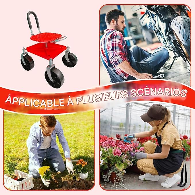 Wheeled CartGarden Stool with WheelsGarden Scooter Steering Handle and Tool TrayAdjustable Height for Pruning