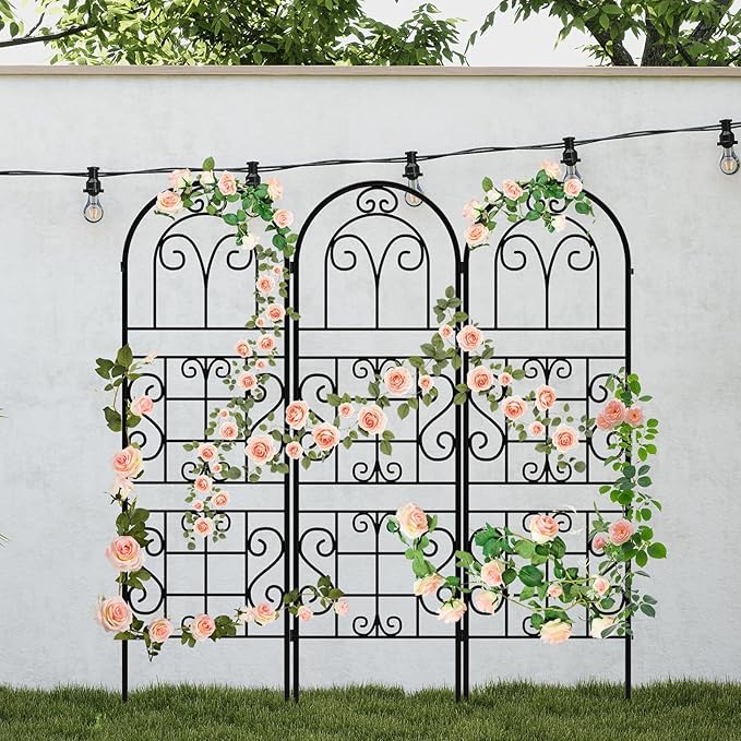 Garden Trellis for Climbing Plants 3 Pack 38 Wx 64.6 H Rustproof Flower Trellis with Black Coating Outdoor Climbing Rose Trellis Cucumbers Support for Courtyards Lawns (Curved Shape 3 Pieces)