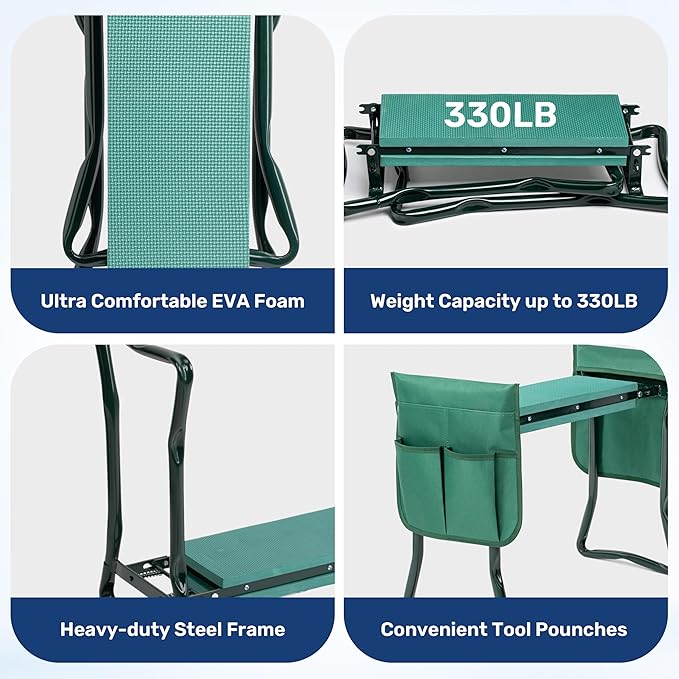 InfiniPower Garden Kneeler and Seat Foldable Kneeling Bench with Sturdy Soft EVA Foam Pad Hold Up to 330lb 2 Tool Pouches Included for Gardening Fishing Camping Green