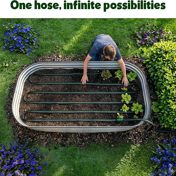 Flat Soaker Hose 100ft (50ft 2-Pack) for Garden // Drip Hose for Garden Beds Lawns and Trees // Heavy Duty Leakproof Design with Quick Connect // Linkable Irrigation System for Vegetables and Flowers
