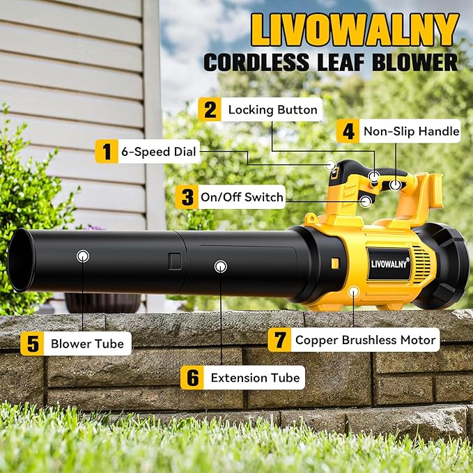 LIVOWALNY Cordless Leaf Blower Compatible with Dewalt 20V Battery Electric Leaf Blowers with 6 Speed Modes 500CFM 150MPH Lightweight Powered Leaf Blower for Patio Garden Cleaning (No Battery)