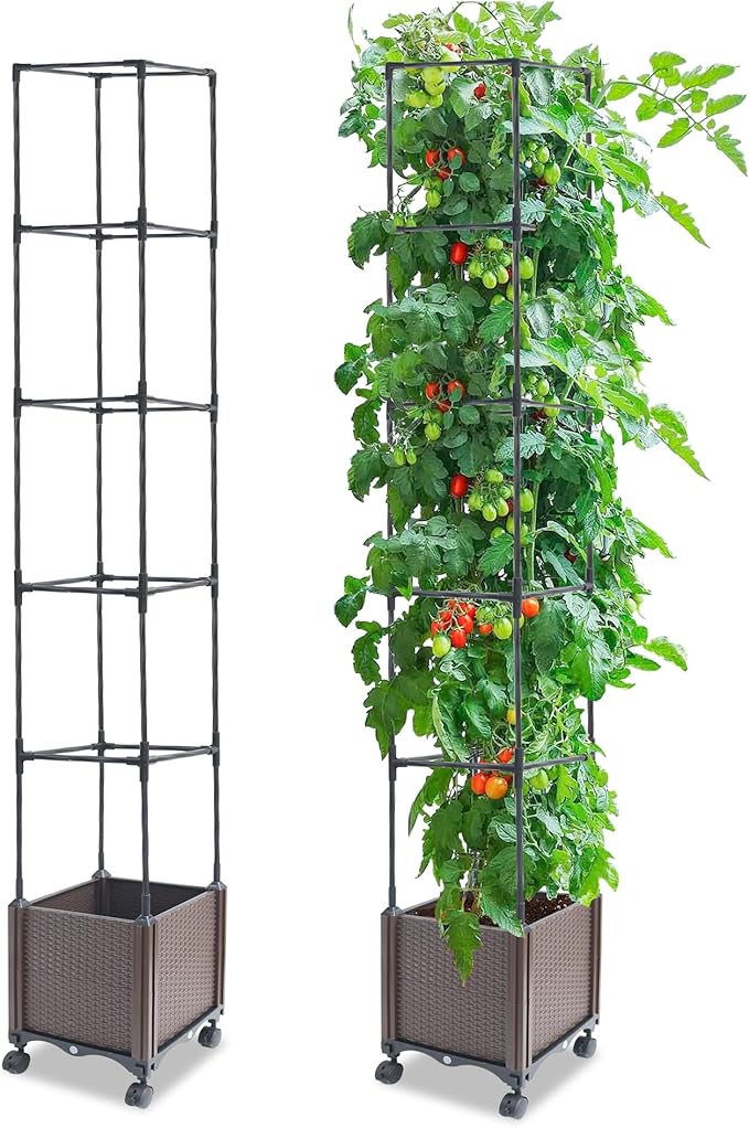 Raised Garden Bed Planter Box with Trellis 74 Self-Watering Tomato Planters for Climbing Plants Vine Flowers Outdoor Patio Tomatoes Cage with Wheels 1Pack
