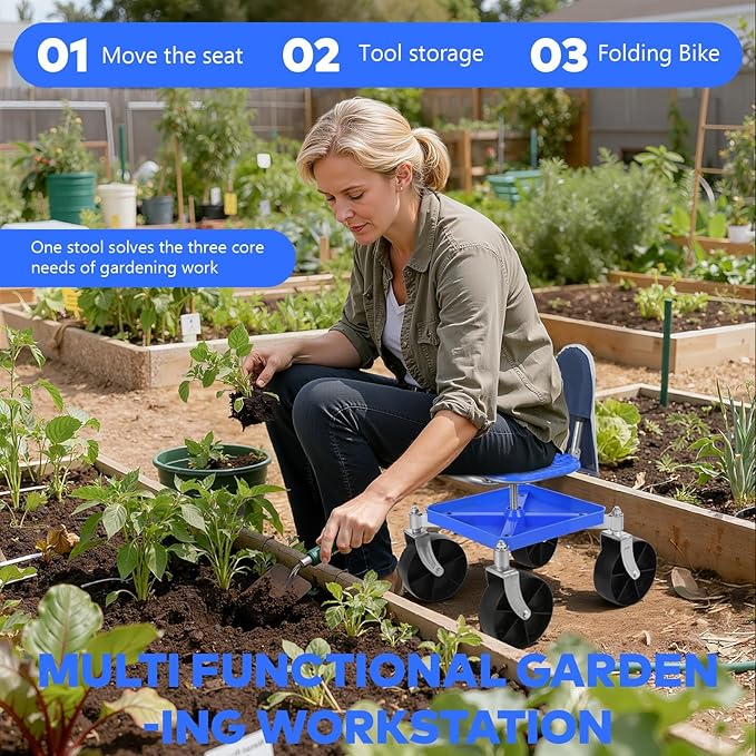 Height Adjustable Rolling Garden Work Seat with Storage - Heavy Duty Mobile Stool &amp Tool Cart 330 lbs Capacity for Yard Patio &amp Seniors Blue
