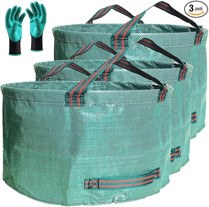 Professional 3-Pack 63 Gallon Lawn Garden Bags Large (D31H19 inch) Yard Waste Bags W/Gardening GlovesStandableReusable Leaf BagLawn Debris BinGarden Trash ContainerPlant Trimmings Bag 4 Handles