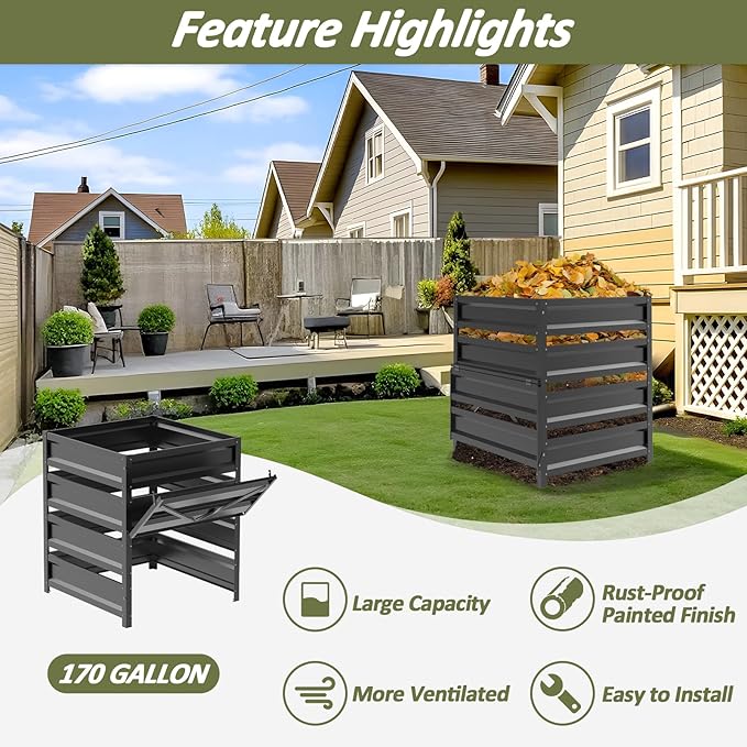 Compost Bin Outdoor -170 Gallon Composter with Rust-Proof Coating Painted Finish Large Compost Bin for Producing Fertilizer from Kitchen Waste and Fallen Leaves