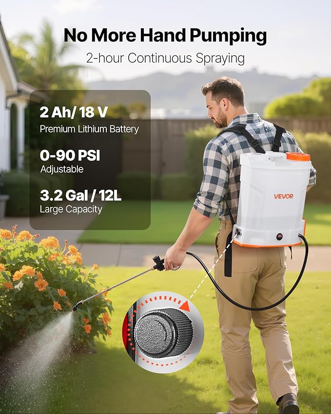 VEVOR Battery Powered Backpack Sprayer 3.2 Gal Powerful Electric Backpack Sprayer 2 Retractable Wands &amp 5 Nozzles Adjustable 0-90 PSI 2 Hour Runtime Portable Weed Sprayers for Yard Garden Law