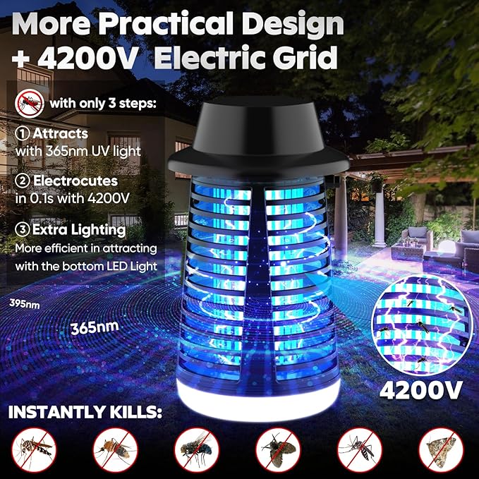 Bug Zapper Mosquito Zapper with LED Light Bug Zapper Outdoor Indoor- 4200V Electric Fly Trap with 5.9ft Cable Fly Zapper Indoor Mosquito Repellent Outdoor Patio and Backyard Home Camping