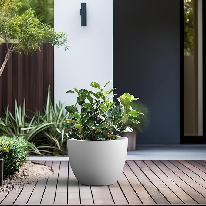 Kante 14.2 Inch Round Concrete Planter - Classic Large Indoor/Outdoor Plant Pot with Drainage Hole and Rubber Plug Suitable for Gardens and Patios White