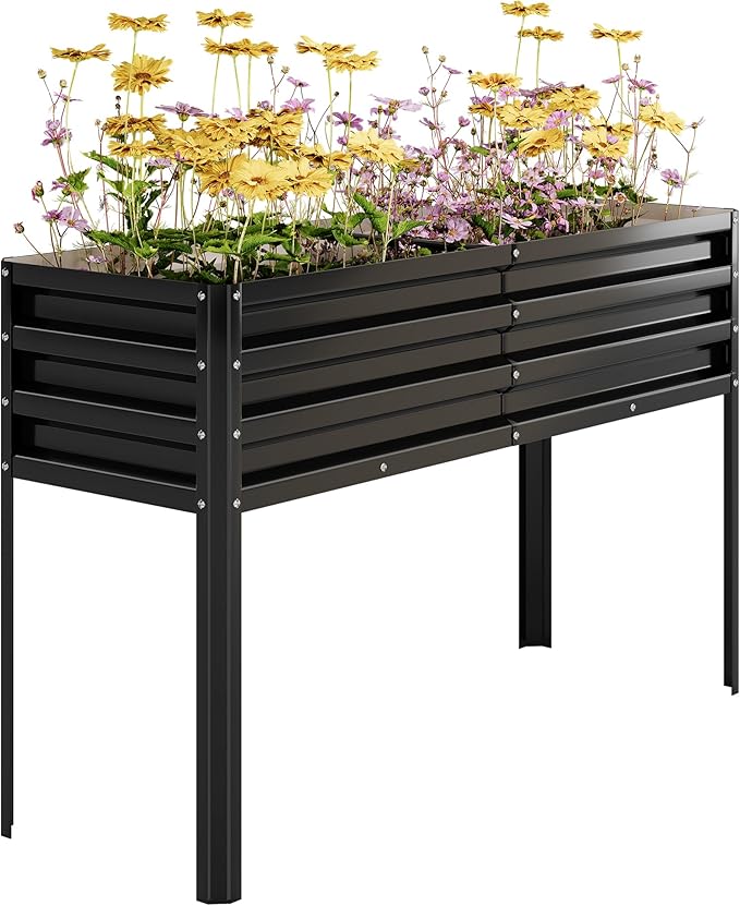 Raised Garden Bed with -Watering Reservoir - Tall Elevated Square Planter Box for Vegetables/Herbs Heavy Duty Steel Panels &amp Drainage (Water Tank Included)Black