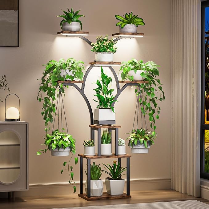 Elbourn Plant Stand Indoor with Grow Lights - 60 Tall Metal Plant Shelf for Multiple Plants 8 Tiered Corner Plant Stands for Indoor Plants X - Shaped Decorative Rack for Home Living Room &amp Pat