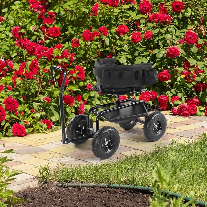 Rolling Gardening Cart with Seat - Utility Garden Tool Tray and Storage BasketGardening Stool for Planting Rolling Stool Gardening Cart with Tool Storage Garden Scooter with 360 Degree Swivel Seat