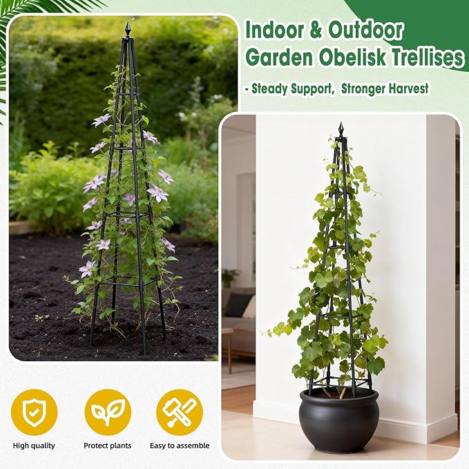 Obelisk Trellis for Climbing Plants 6 FT Garden Trellises with 16mm Thickened Plastic-Coated Metal Pipes Trellis for Climbing Potted Plant Vine Flower Rose Vegetable Tomato Cucumber Outdoor Indoor