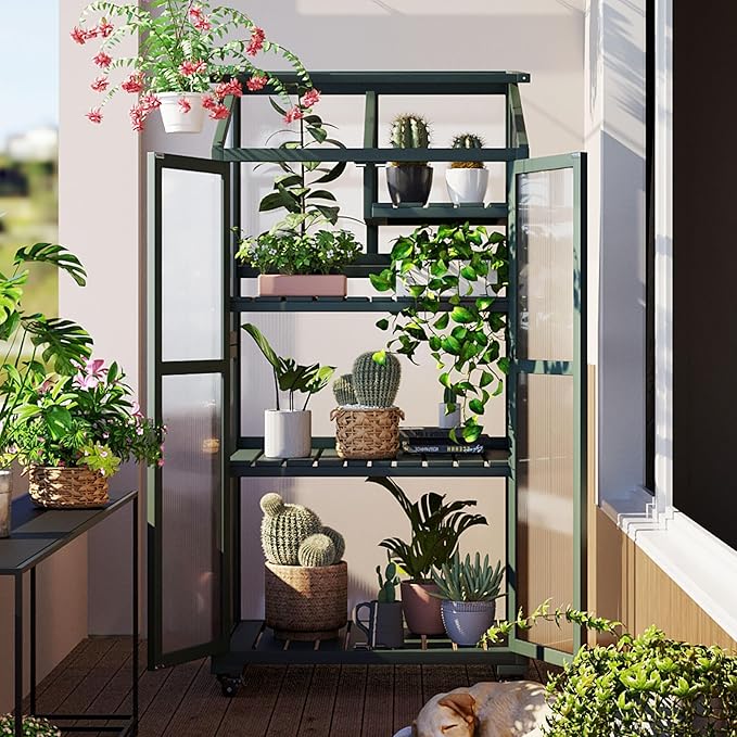 62inch Height Wood Large Greenhouse Balcony Portable Cold Frame with Wheels and Adjustable Shelves for Outdoor Indoor Backyard Mudroom
