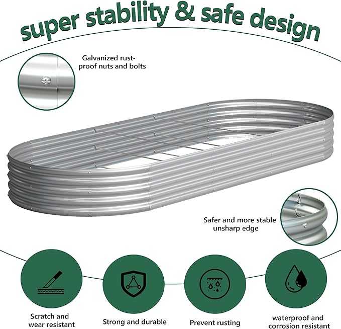 2PCS 12x4x1FT Galvanized Raised Garden Bed KitVegetable Boxes-Oval Metal Flower BoxLarge Planter Raised Beds Outdoor Garden for PlantingFruitHerb-Silver