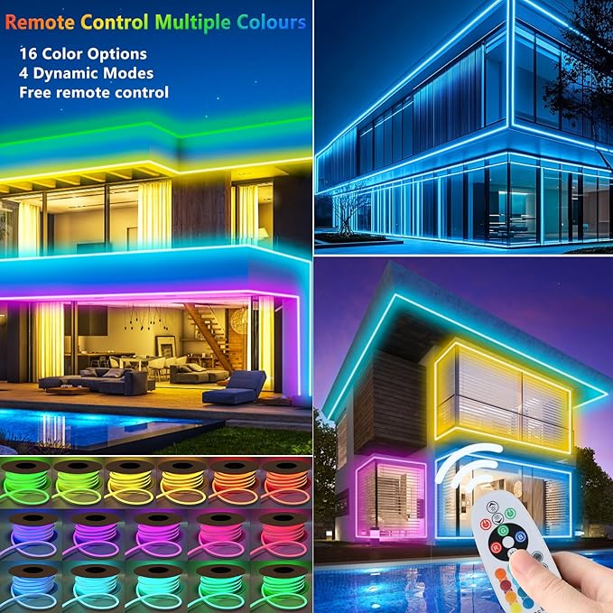 32.8ft RGB Neon Rope Light with Remote - Dimmable Waterproof LED Strip Lights for Indoor &amp Outdoor Premium Expandable Lighting to Create Vibrant Atmosphere in Bedroom KTV Bar Decor - ETL Certif