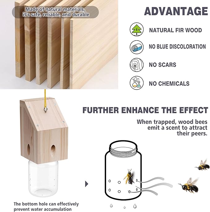 Carpenter Bee Trap for Outside - Shed Style Nature Hanging Wood Trap for Outdoor with Removable Bee Vault Plastic Jar (2 Pack)