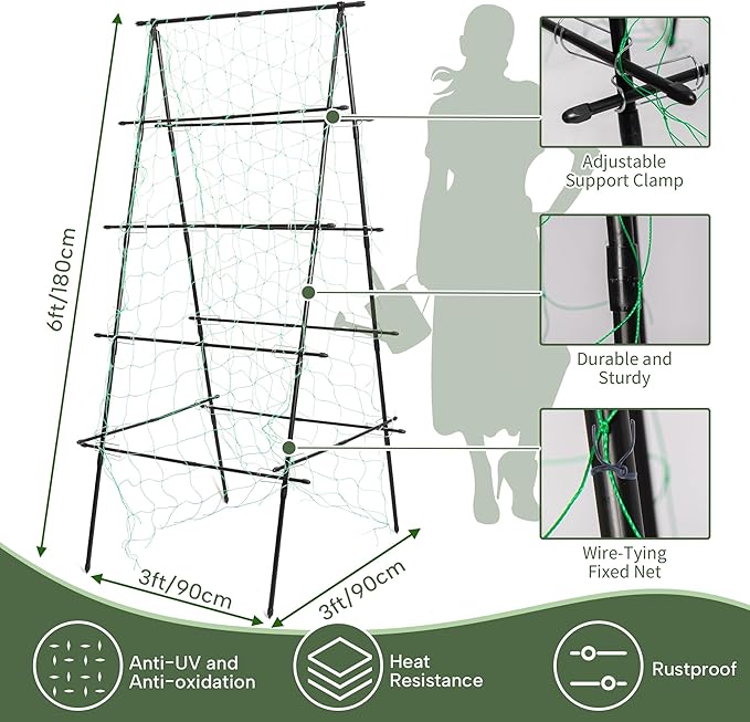 HPC Decor Cucumber Trellis for Raised Bed 6 FT Tall Garden Trellis for Climbing Plant Outdoor Metal A Frame Trellis with Climbing Net Support for Vegetable Grape Tomato Peas Fruit Vine.