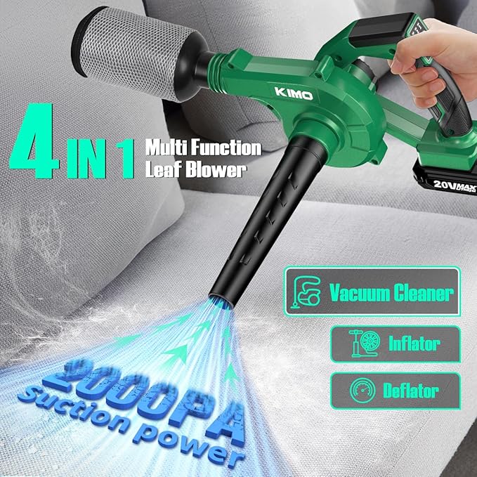 K I M O. Cordless Leaf Blower and Vacuum Combo 4 In 1 3 Nozzles for Inflation and Deflation 190MPH/260CFM Smart Panel with 3 Modes 20 Extended Tube 2000mAh Battery Cordless Blowers for Lawn Care