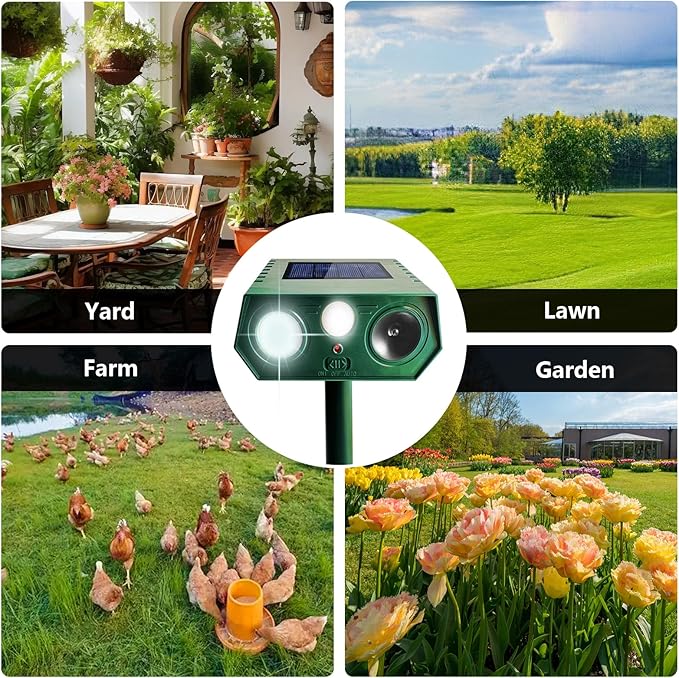 2025 Deer Repellent Devcies Solar Ultrasonic Animal Repellent Outdoor Waterproof Rabbit Repellent with PIR Motion Detection Flash Light for Dog Cat Bird Squirrel Skunk Raccoon for Yard (4 Pack)